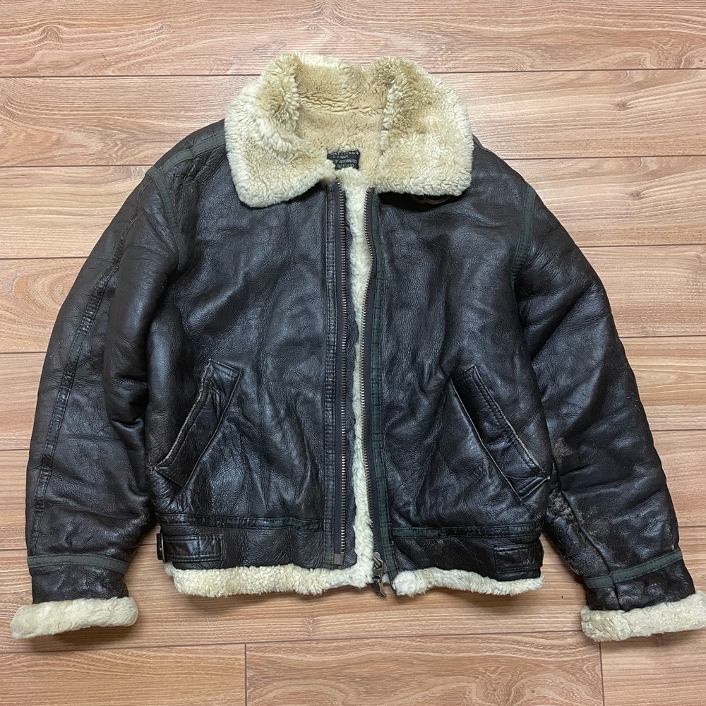 Men's Brown Leather Bomber Jacket with Cream Shearling Collar